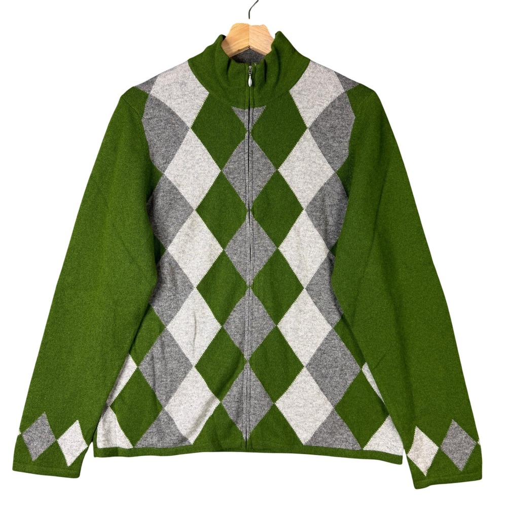 Charter Club 100% Cashmere Argyle Full Zip Cardigan Sweater Green Large L